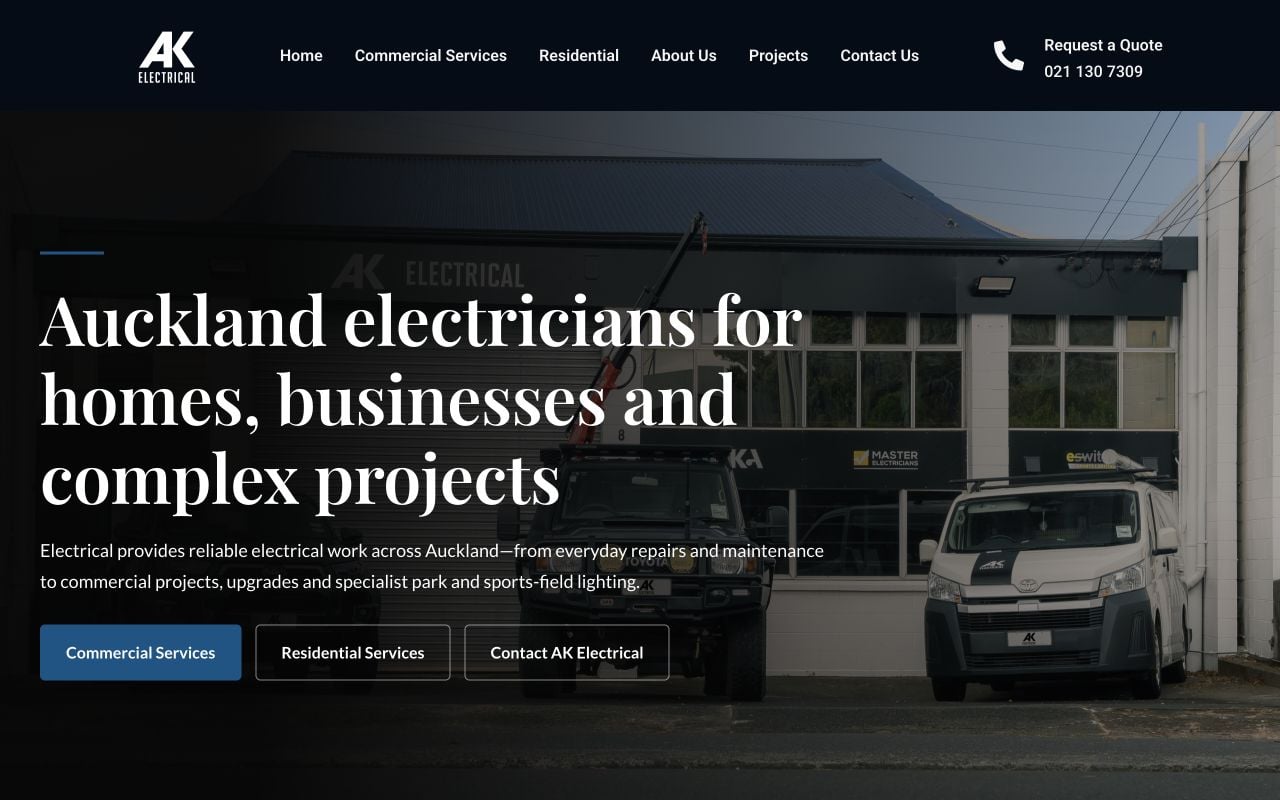 AK Electrical website design with clear commercial and residential service routes.