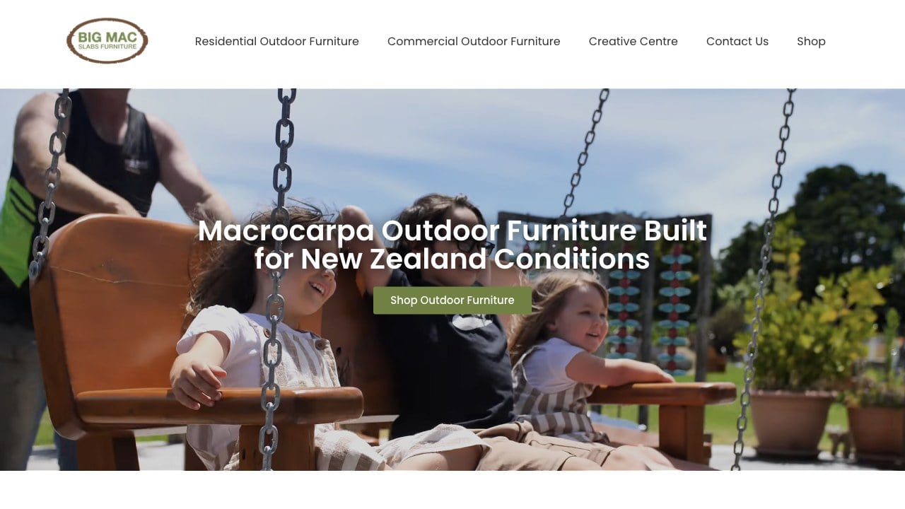 Big Mac Slabs website homepage presenting macrocarpa outdoor furniture, commercial furniture and the Creative Centre