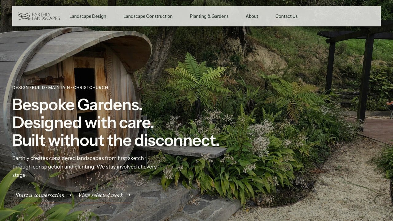 Earthly Landscapes website homepage showing its landscape design and construction approach in Christchurch