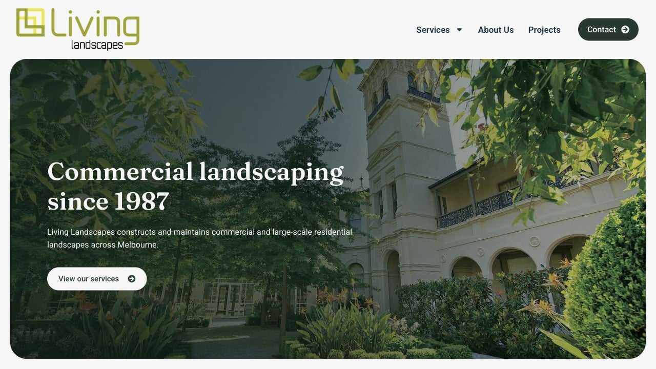 Living Landscapes website design preview featuring commercial landscaping since 1987 and a completed landscape project