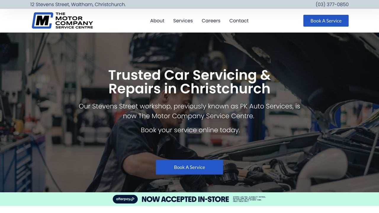 The Motor Company Service Centre homepage introducing its new name, Christchurch workshop and Book a Service call to action