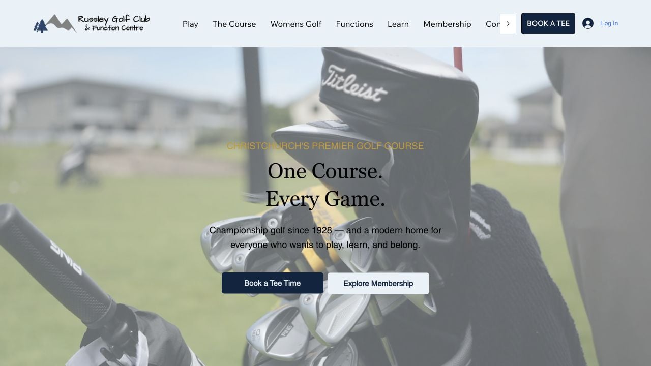 Russley Golf Centre website with its club identity, golf video hero and clear tee-time and membership pathways