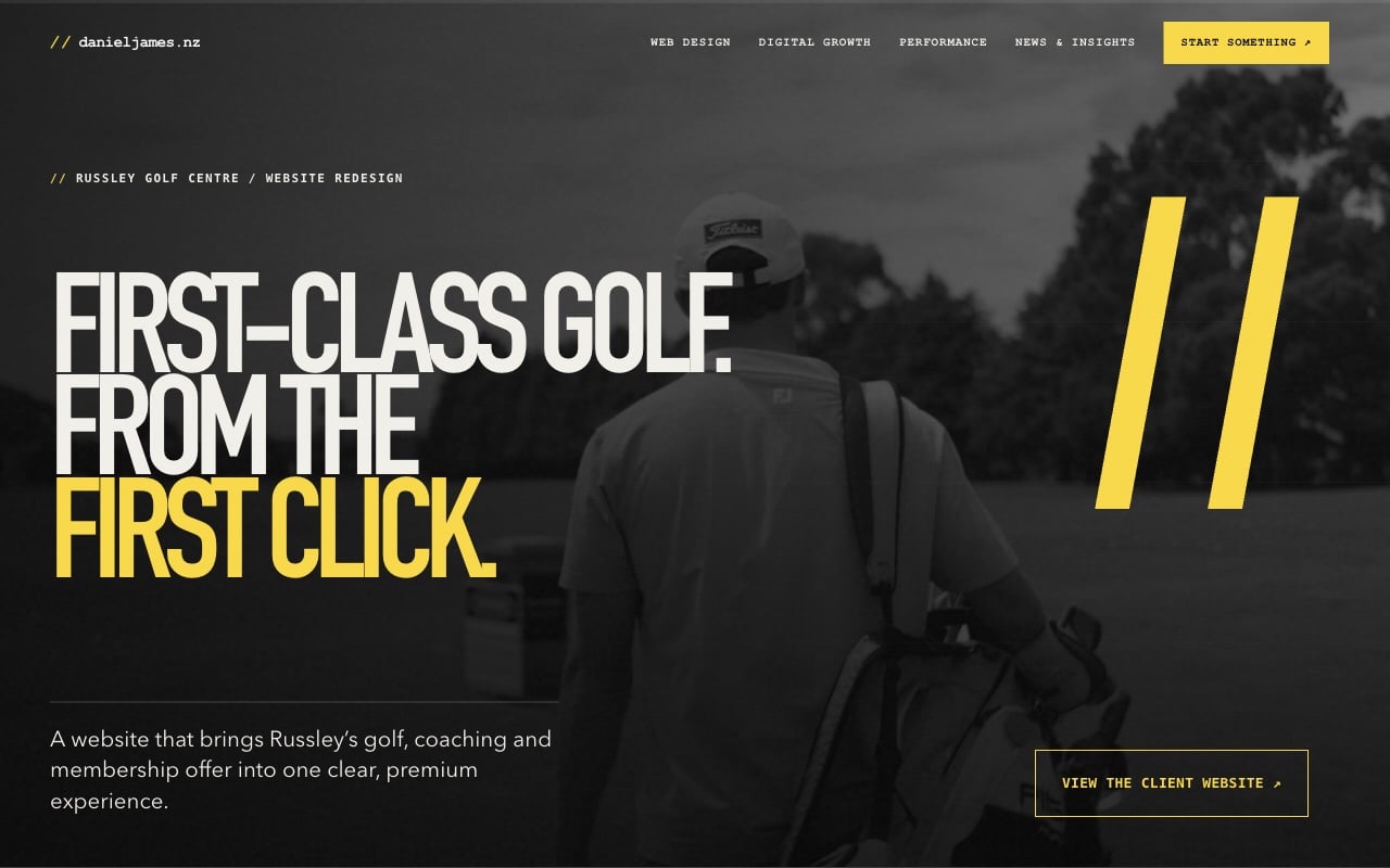 Russley Golf Centre — Daniel James case-study hero in black, white and yellow.