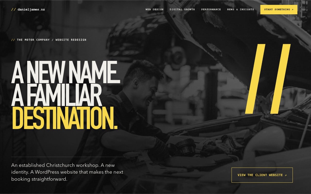 The Motor Company Service Centre — Daniel James case-study hero in black, white and yellow.