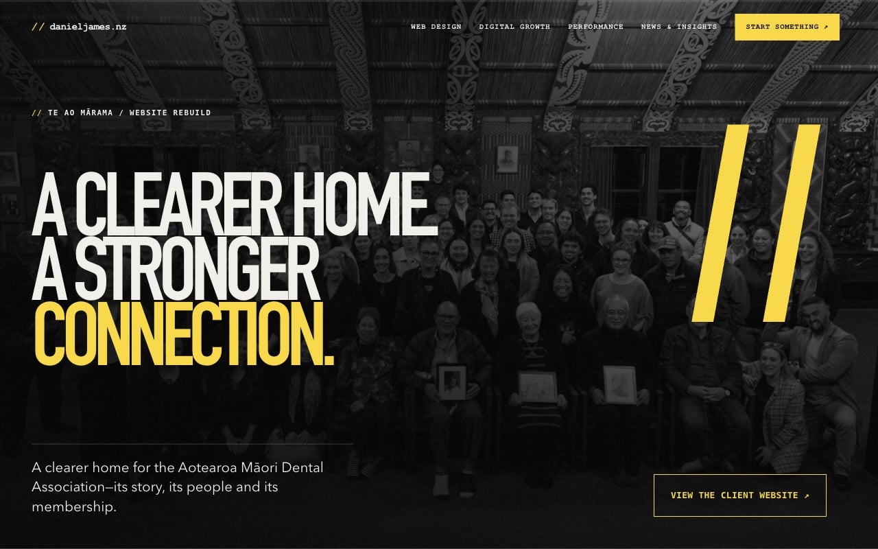 Te Ao Mārama — Daniel James case-study hero in black, white and yellow.