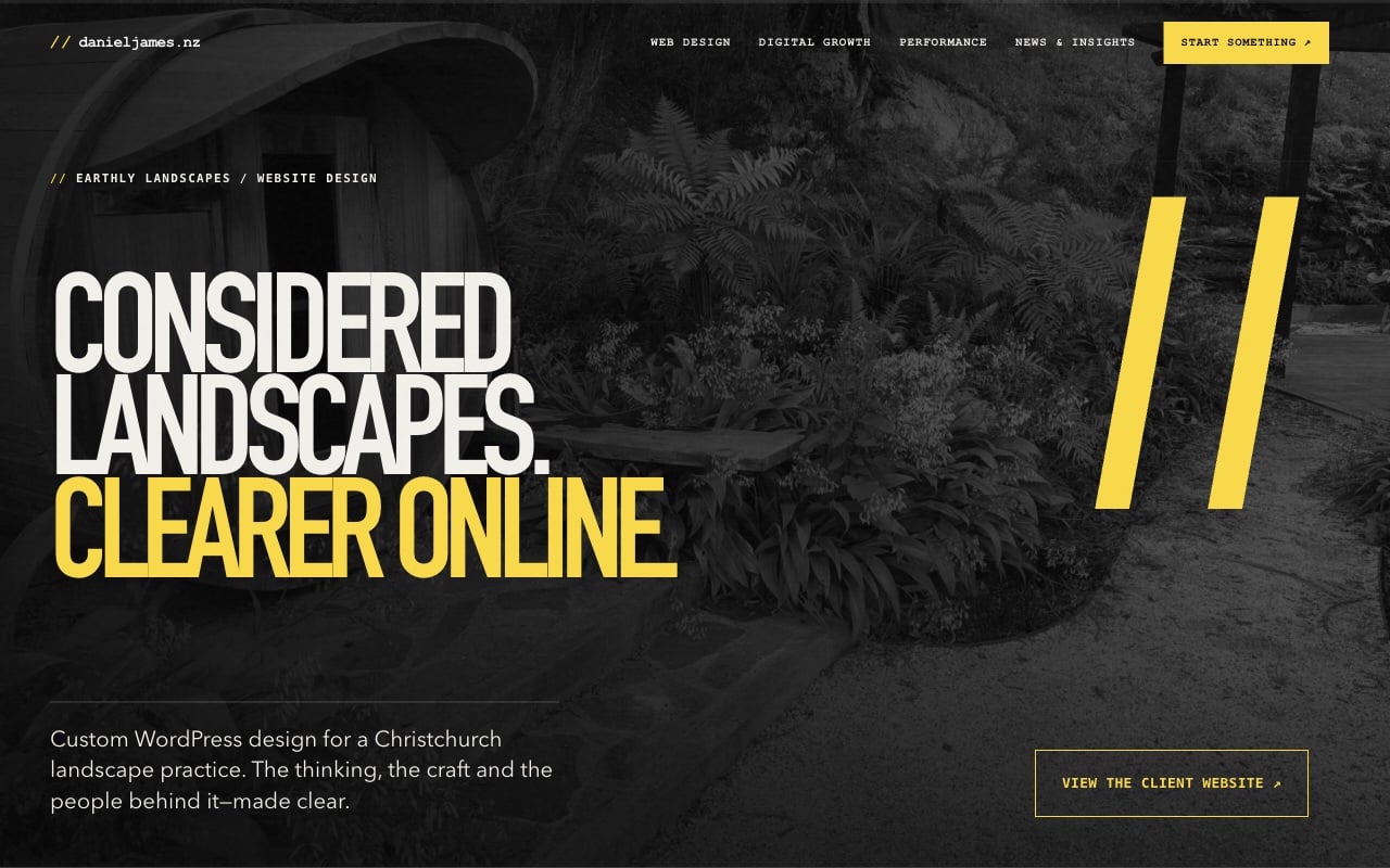 Earthly Landscapes — Daniel James case-study hero in black, white and yellow.