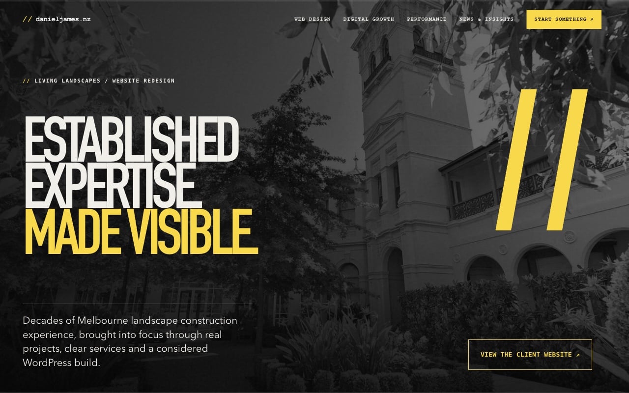 Living Landscapes — Daniel James case-study hero in black, white and yellow.