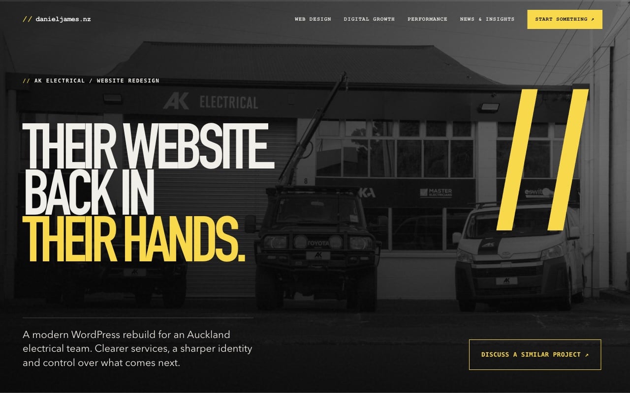 AK Electrical — Daniel James case-study hero in black, white and yellow.
